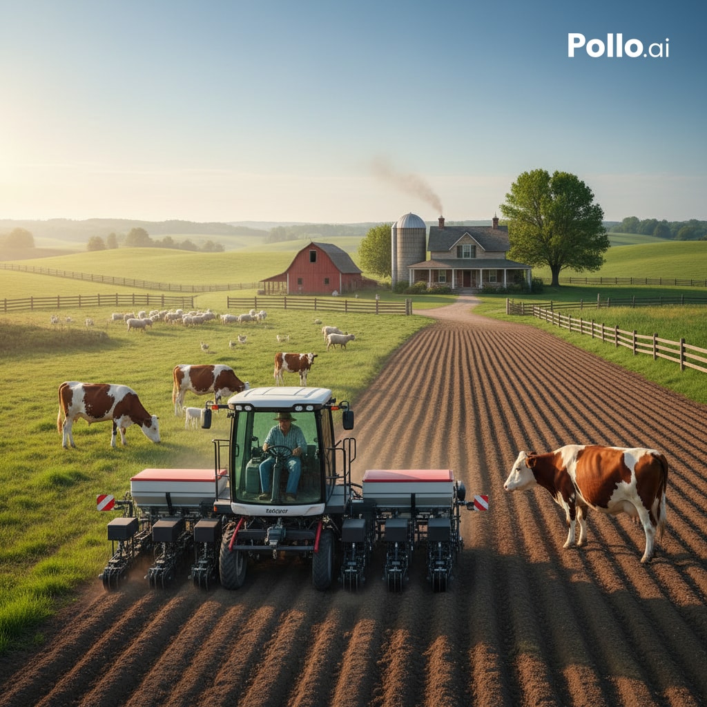 Tractor plowing field rows with grazing cows, barn and farmhouse in rural landscape