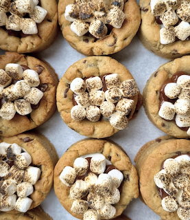 Rows of chocolate chip cookies topped with toasted marshmallows on parchment paper