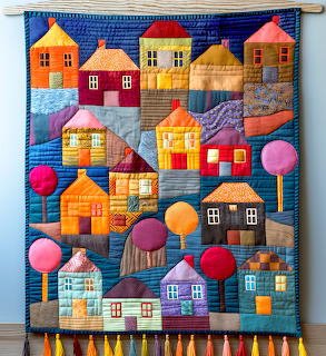 Colorful Village Quilt Wall Hanging