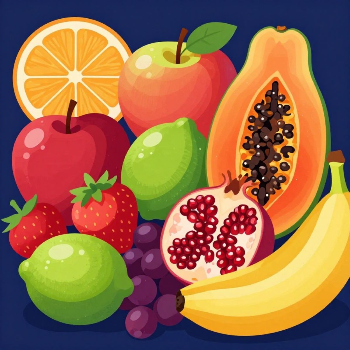 Colorful illustration of assorted fruits including papaya, banana, apple, orange, grapes, and strawberries