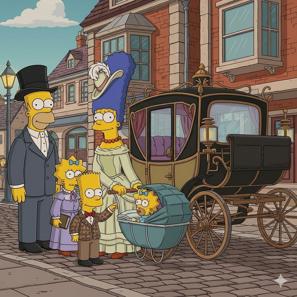 Simpson family in Victorian clothing beside antique carriage on cobblestone street