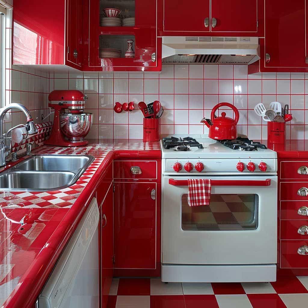 Red and white retro kitchen with stove, sink, cabinets, and checkered floor