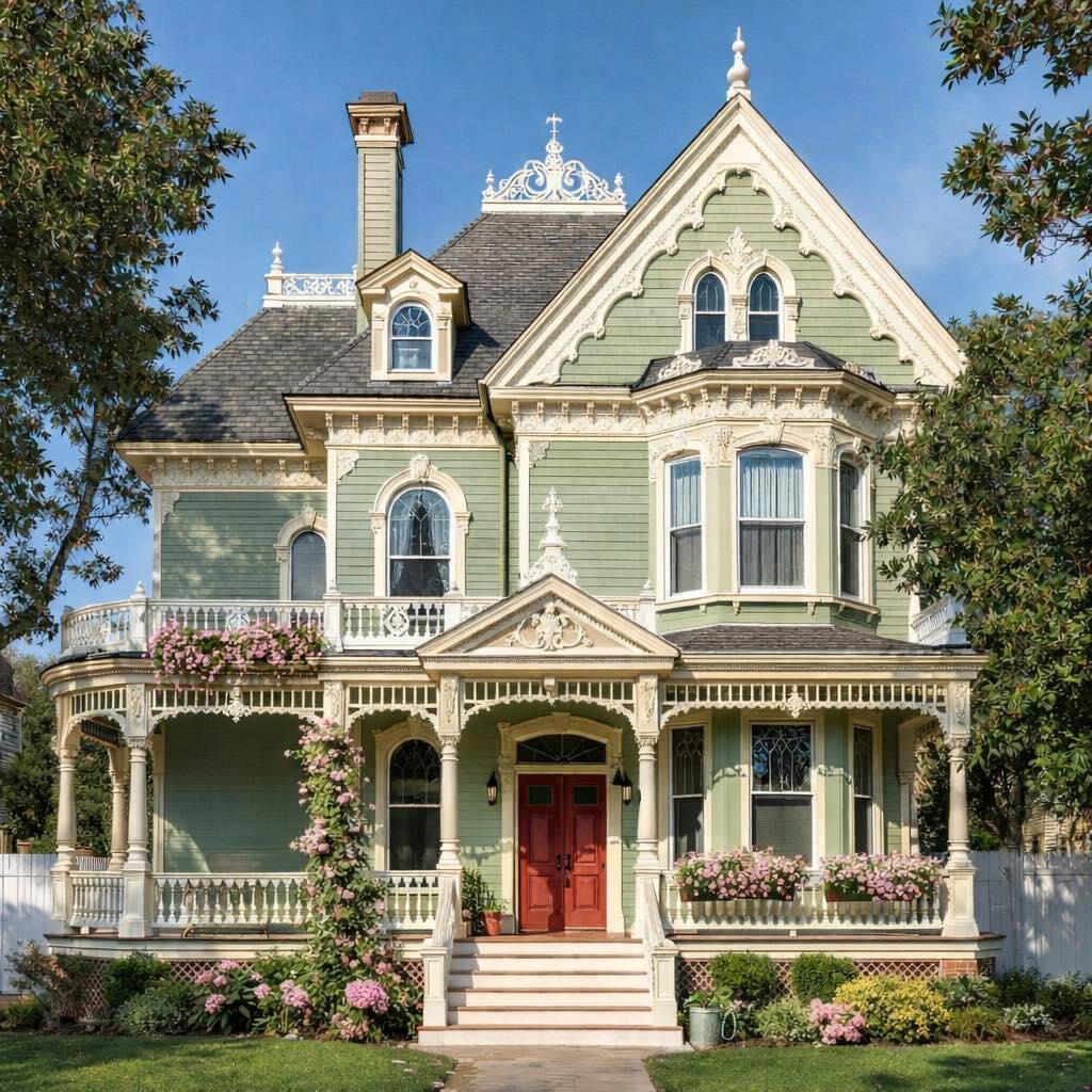 Victorian mansion with cream and teal facade, ornate balconies, red door, and landscaped front yard