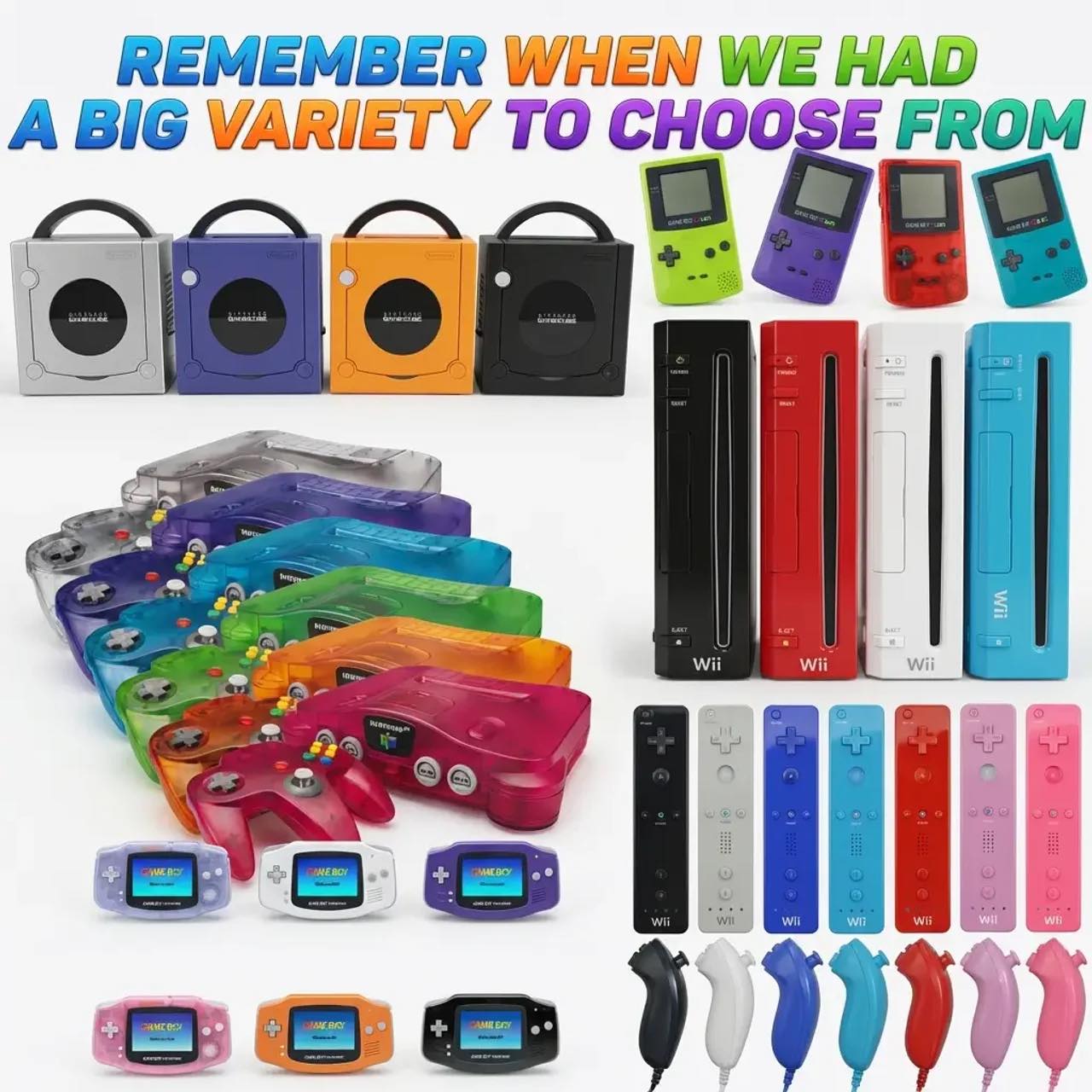 Grid of vintage portable gaming consoles in multiple colors including GameCube-style devices and handheld systems