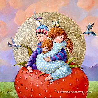 Illustration of two girls hugging on a large red mushroom with birds flying around them