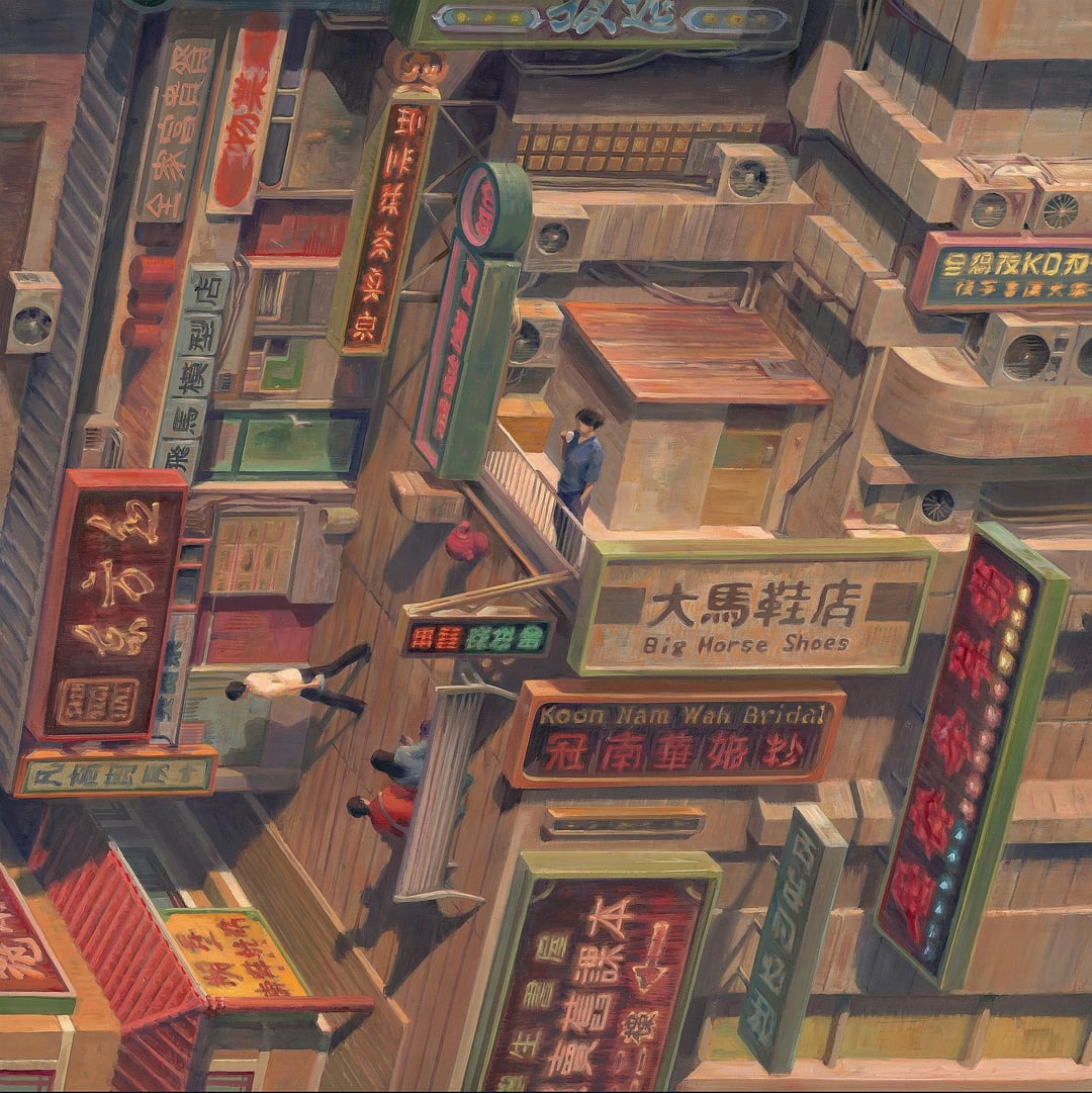 Sureal painting of crowded Asian city street with buildings, neon signs, and shops seen from shifting perspectives