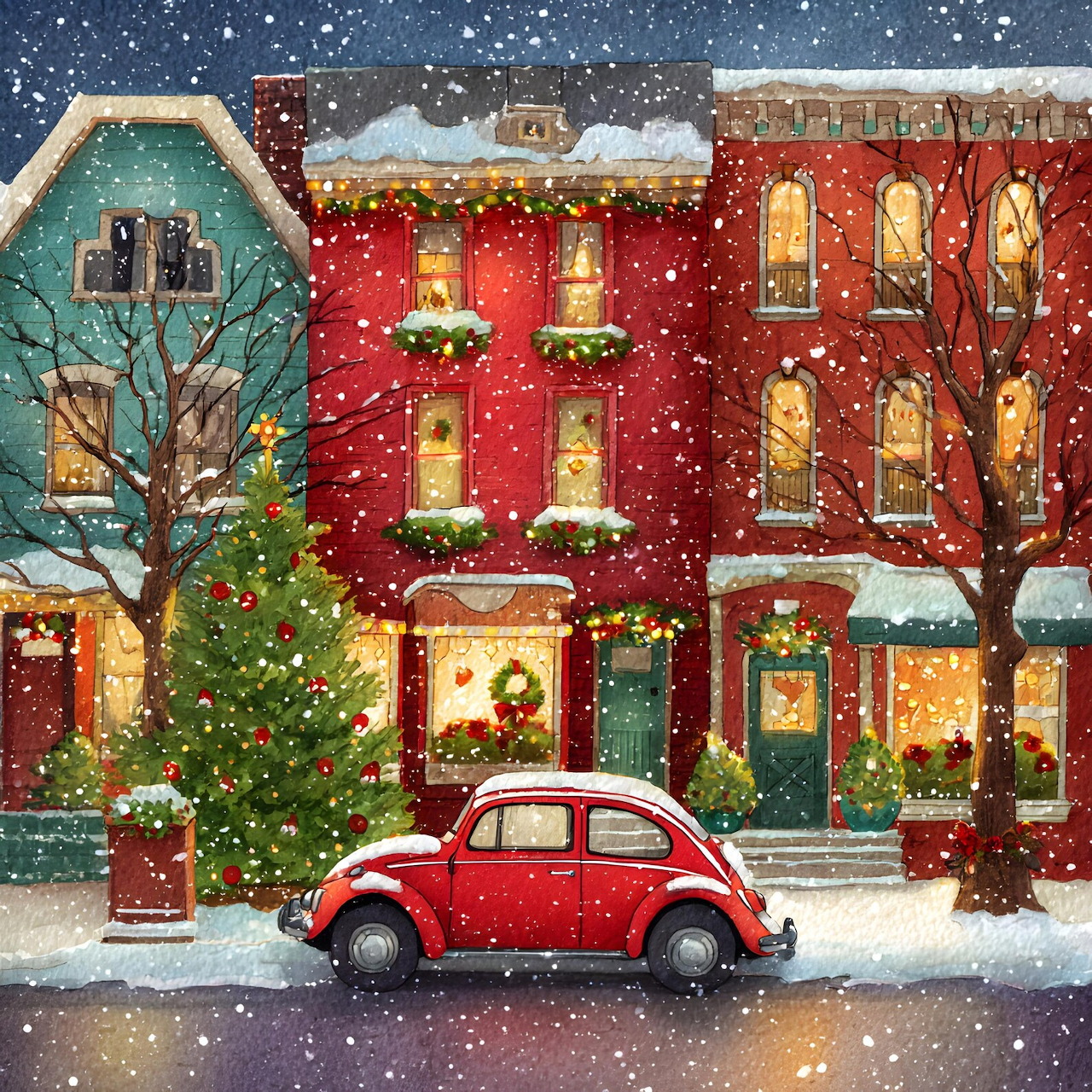 Snowy street with colorful townhomes, a Christmas tree, and a red vintage car
