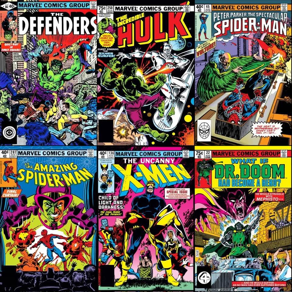 Collage of six colorful vintage Marvel comic book covers arranged in a grid
