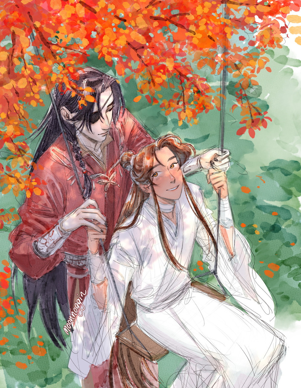 Anime illustration of two robed men under orange autumn leaves, one seated on a swing