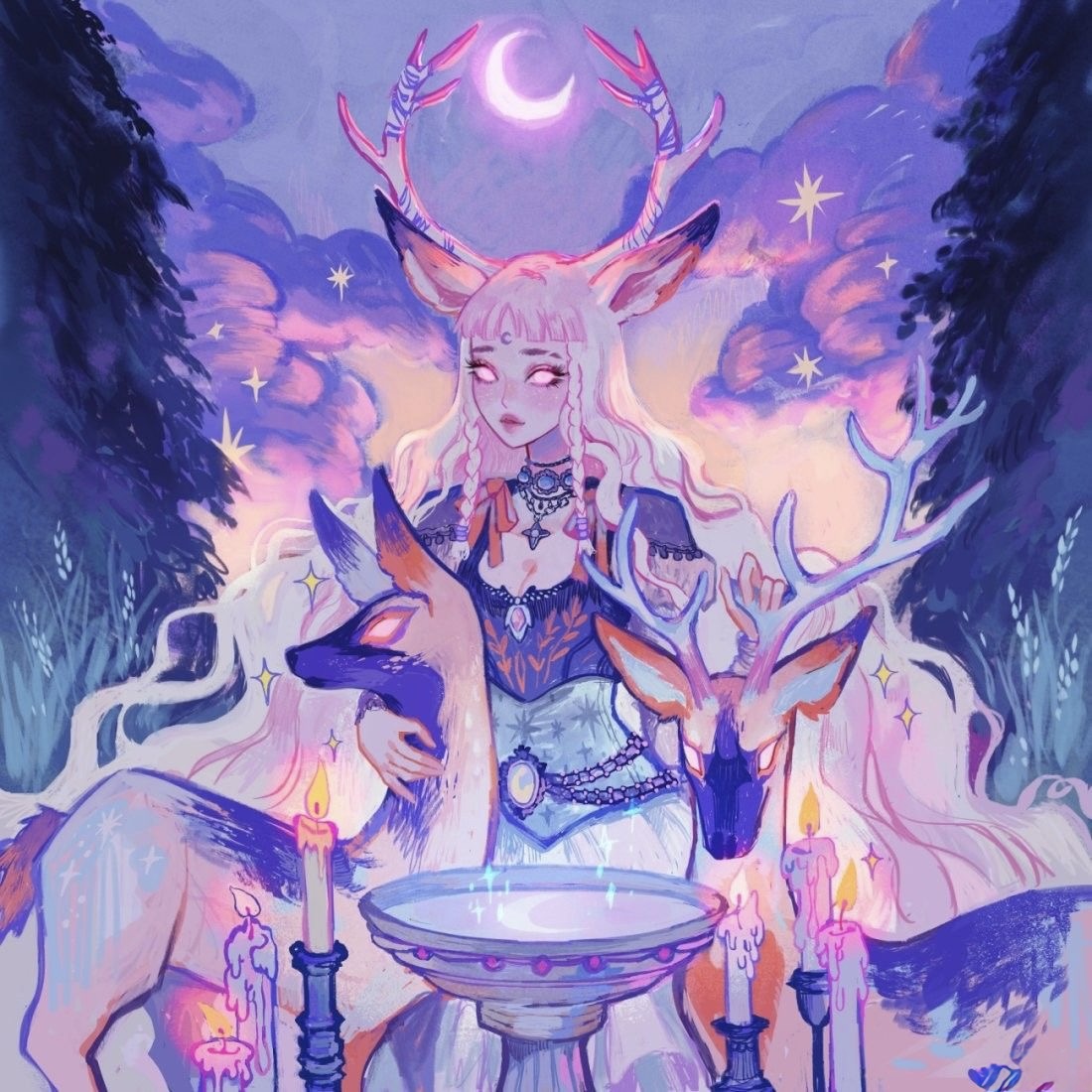 Fantasy anime girl with deer antlers holding glowing orb under crescent moon with fox spirits in purple twilight forest