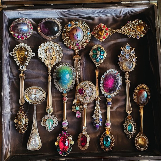 Assortment of decorative vintage hand mirrors with jeweled handles arranged in display case