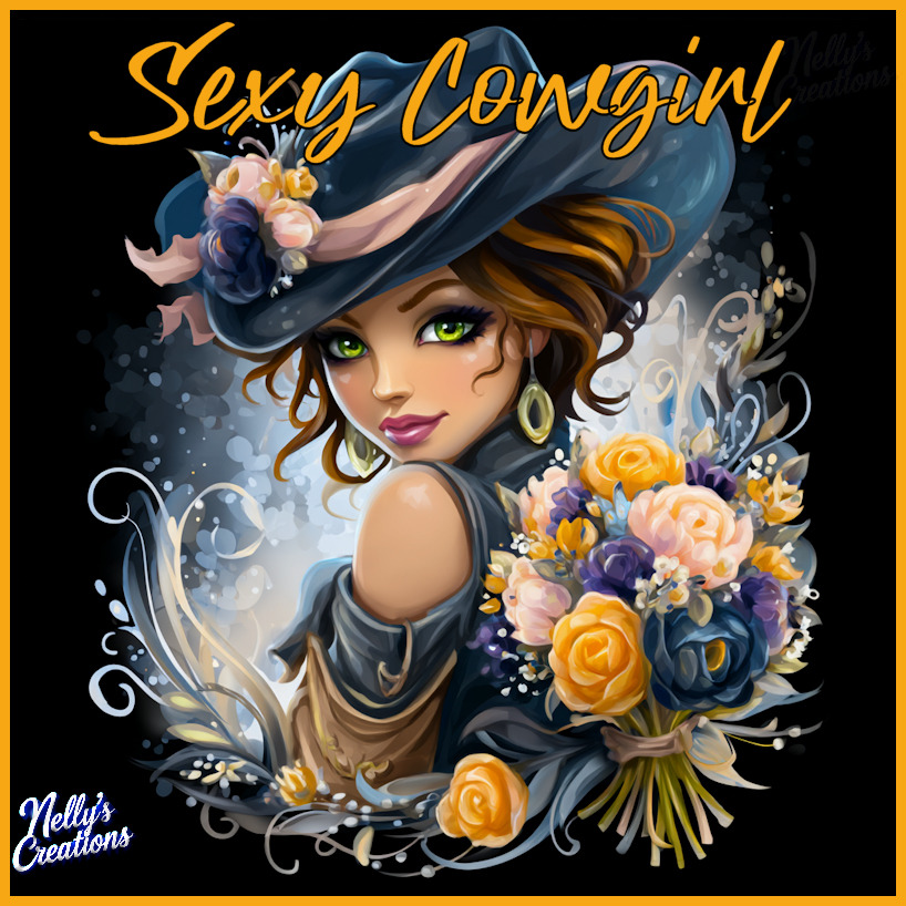 Illustrated cowgirl portrait with a black hat and bouquet of yellow and blue flowers
