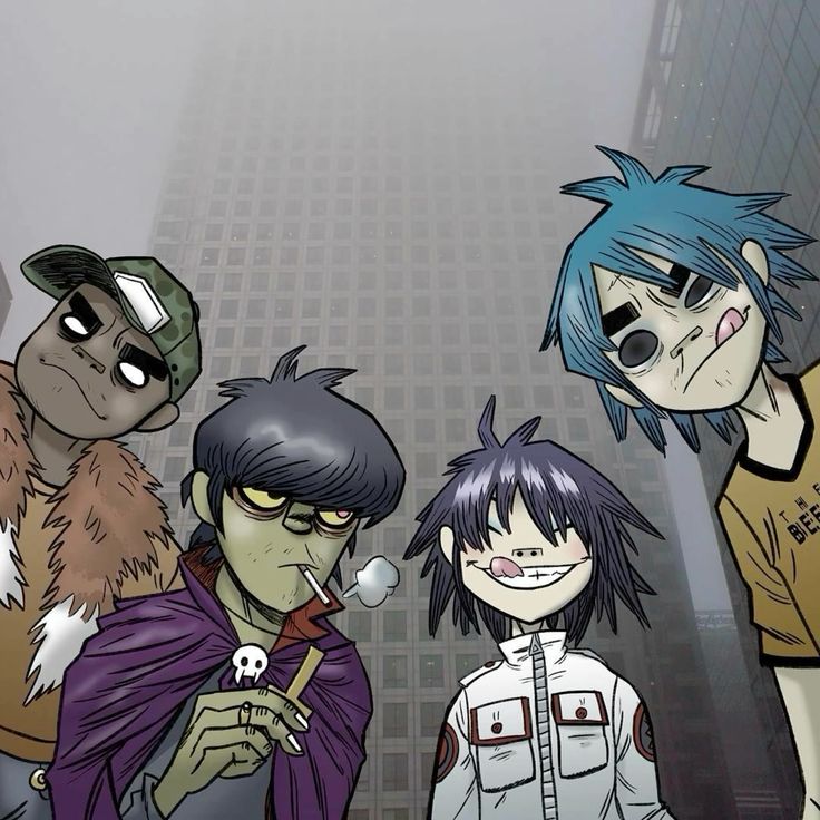 Four cartoon characters from animated band Gorillaz with blue-haired figure, green-skinned member, and two others