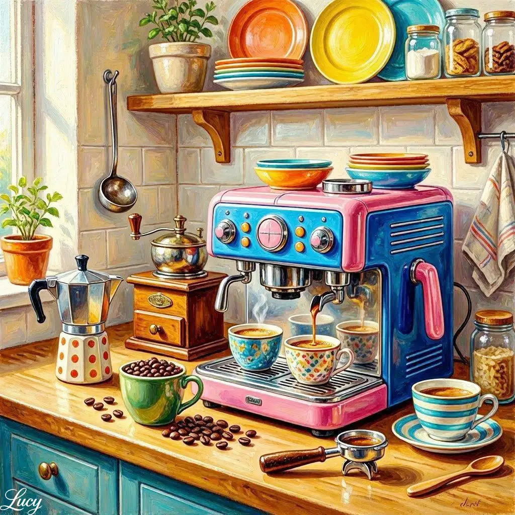 Illustrated kitchen counter with a colorful espresso machine, coffee cups, moka pot, grinder, and dishes