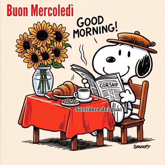 Snoopy cartoon character reading newspaper at breakfast table with coffee and sunflowers