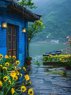 Blue Lakeside Cottage Flowers