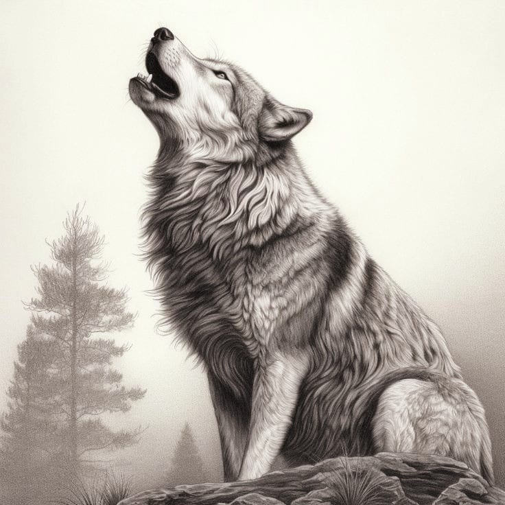 Wolf howling upward in detailed grayscale illustration with foggy forest background