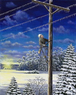 Painting of a lineman climbing a utility pole in a snowy winter scene at dusk