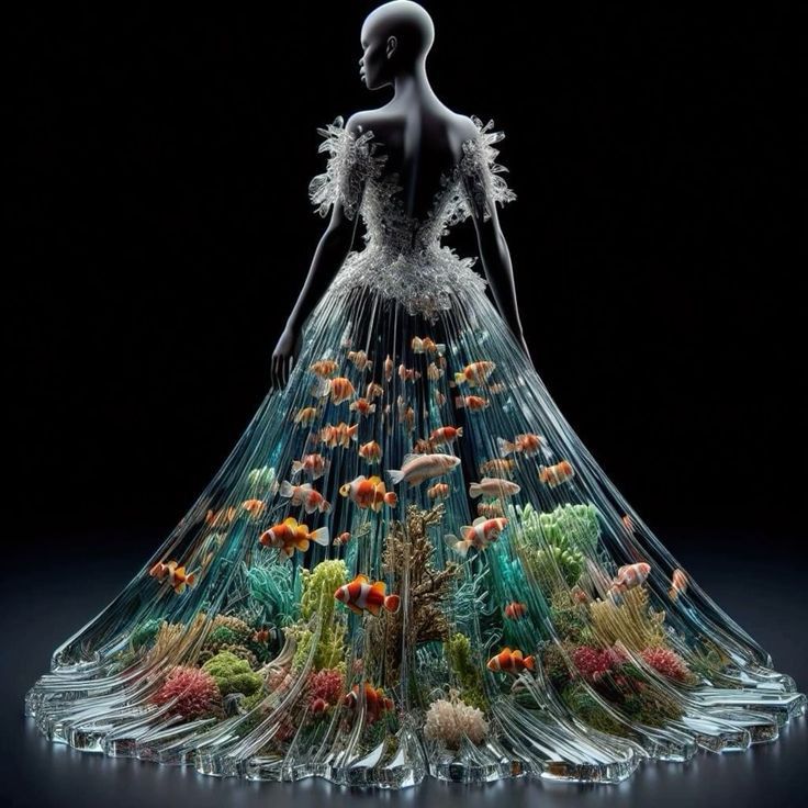 Surreal figure in a transparent gown filled with colorful flowers against a black background