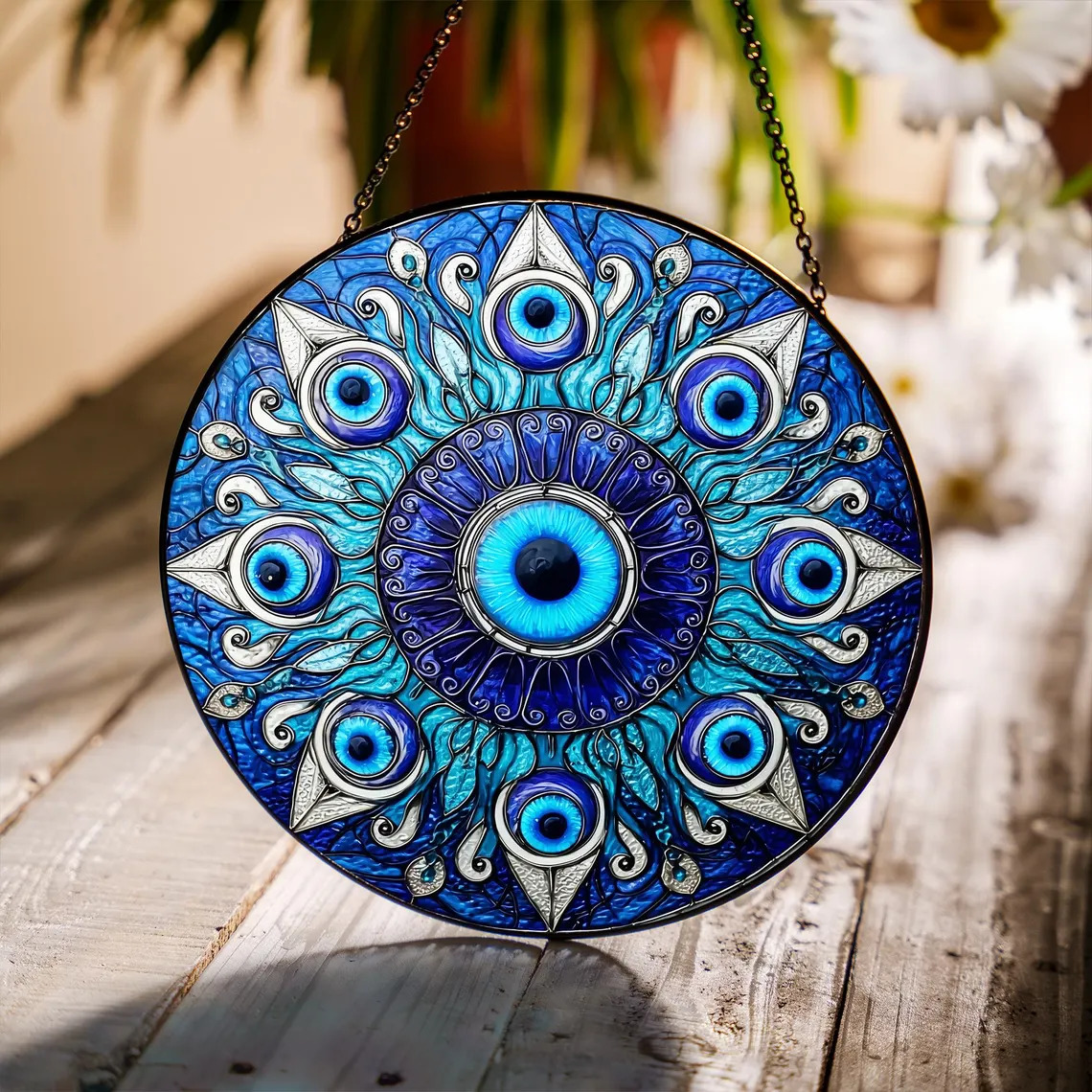 Blue mandala suncatcher with peacock feather pattern and eye motif on wooden stand