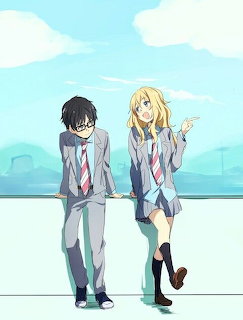 Anime illustration of a boy and girl in school uniforms standing side by side with a sky background