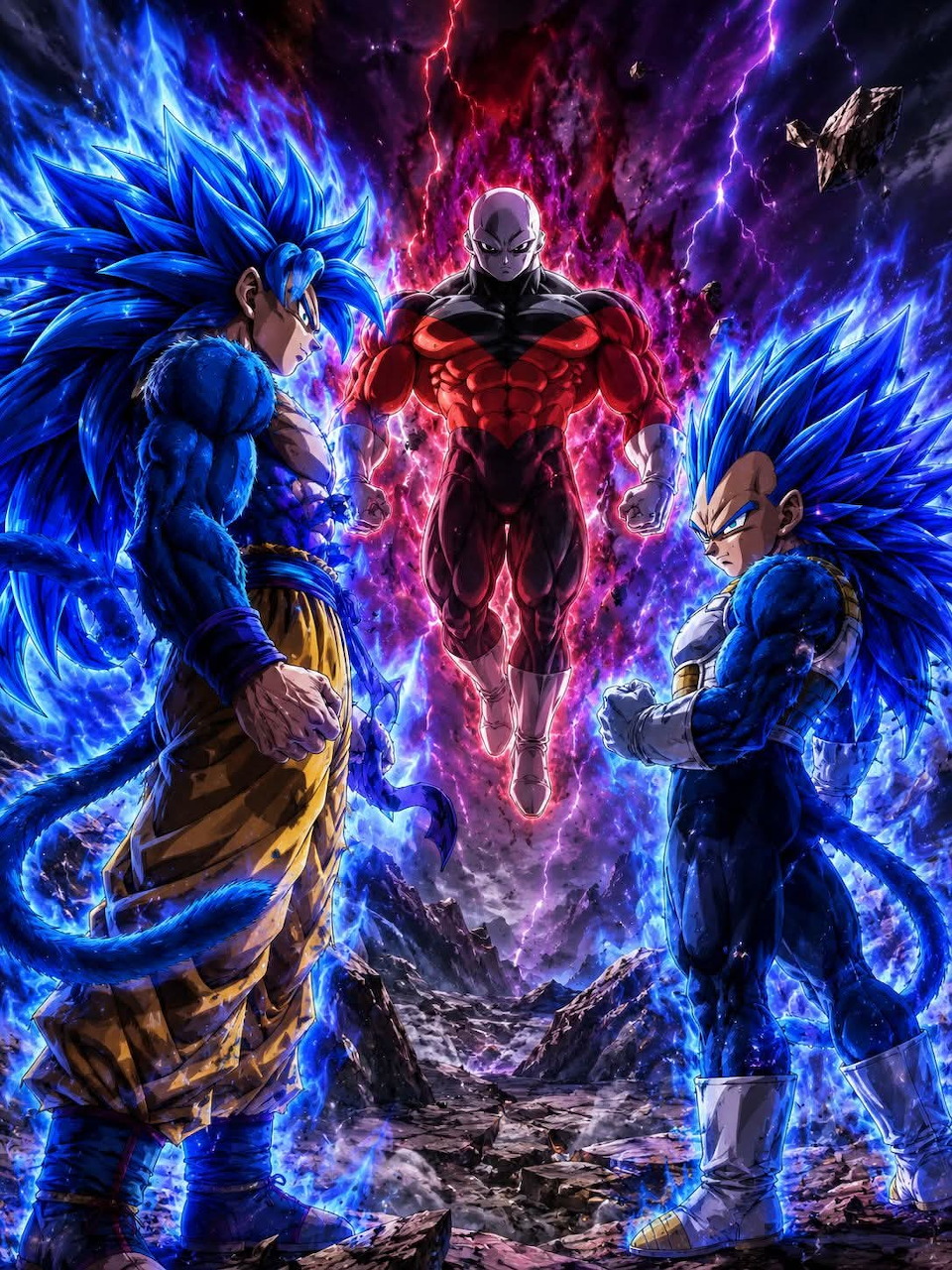 Three anime fighters with glowing blue and red energy auras in dramatic battle stance