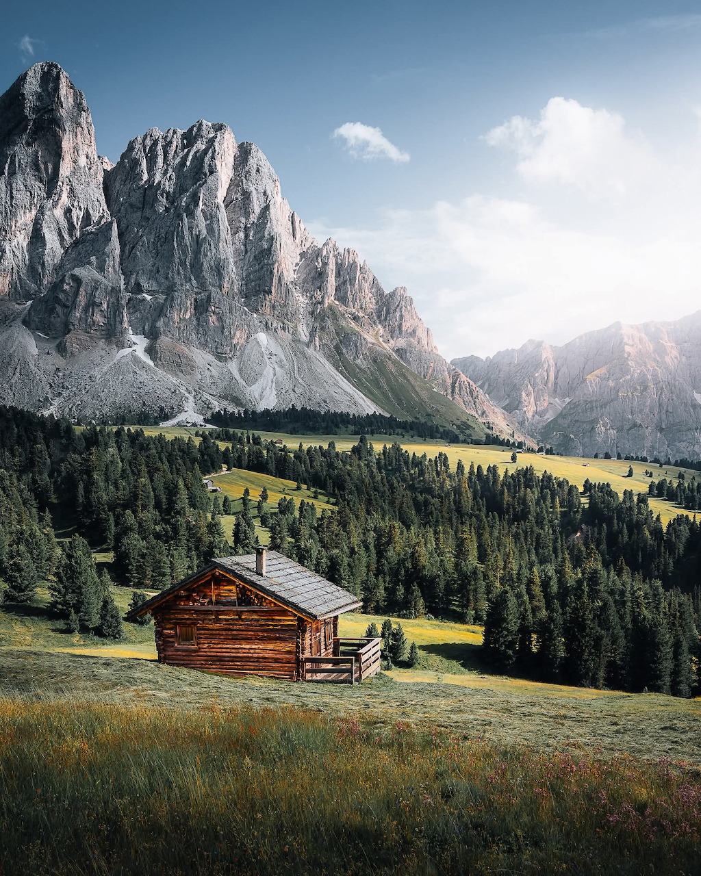 Rustic wooden cabin in a green alpine meadow with pine forests and rocky mountain peaks in the background