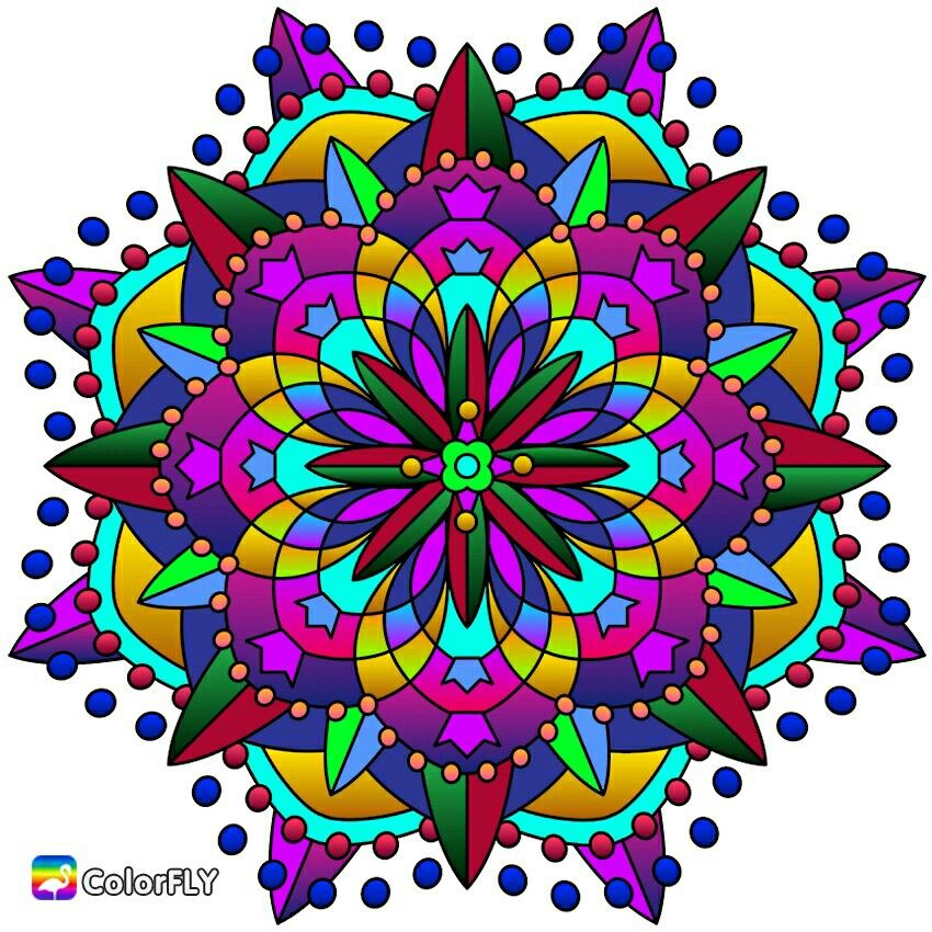 Circular mandala with vibrant purple, cyan, yellow petals and geometric patterns radiating from center