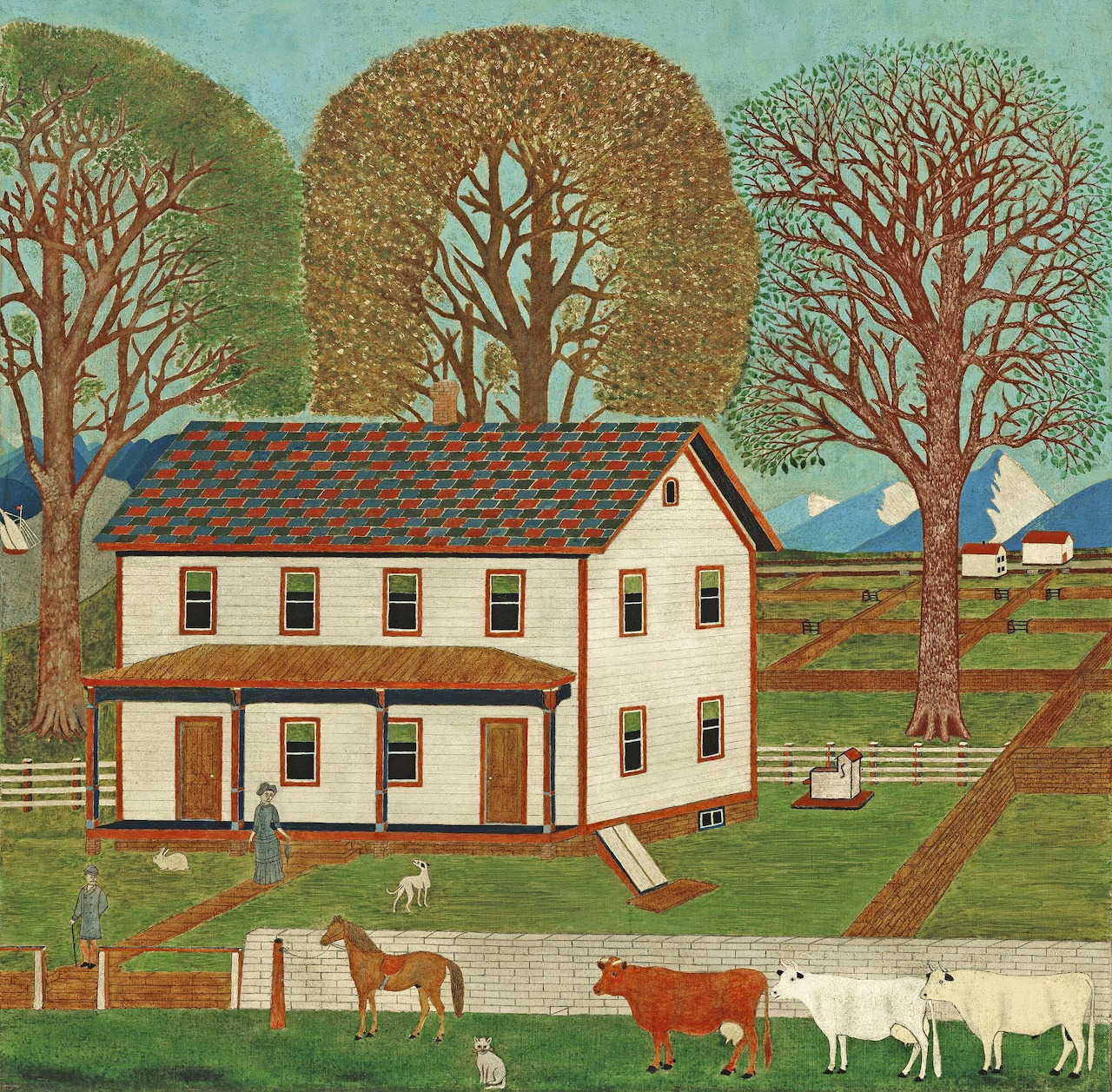 Folk art painting of yellow farmhouse with decorative trees and cattle in Pennsylvania valley