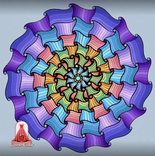 Colorful geometric mandala with concentric layers of ribbons and arches radiating from center in purple, blue, and warm tones