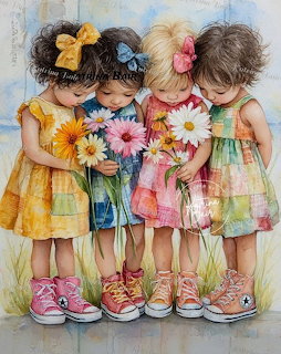 Watercolor painting of four young girls in colorful dresses holding flowers together
