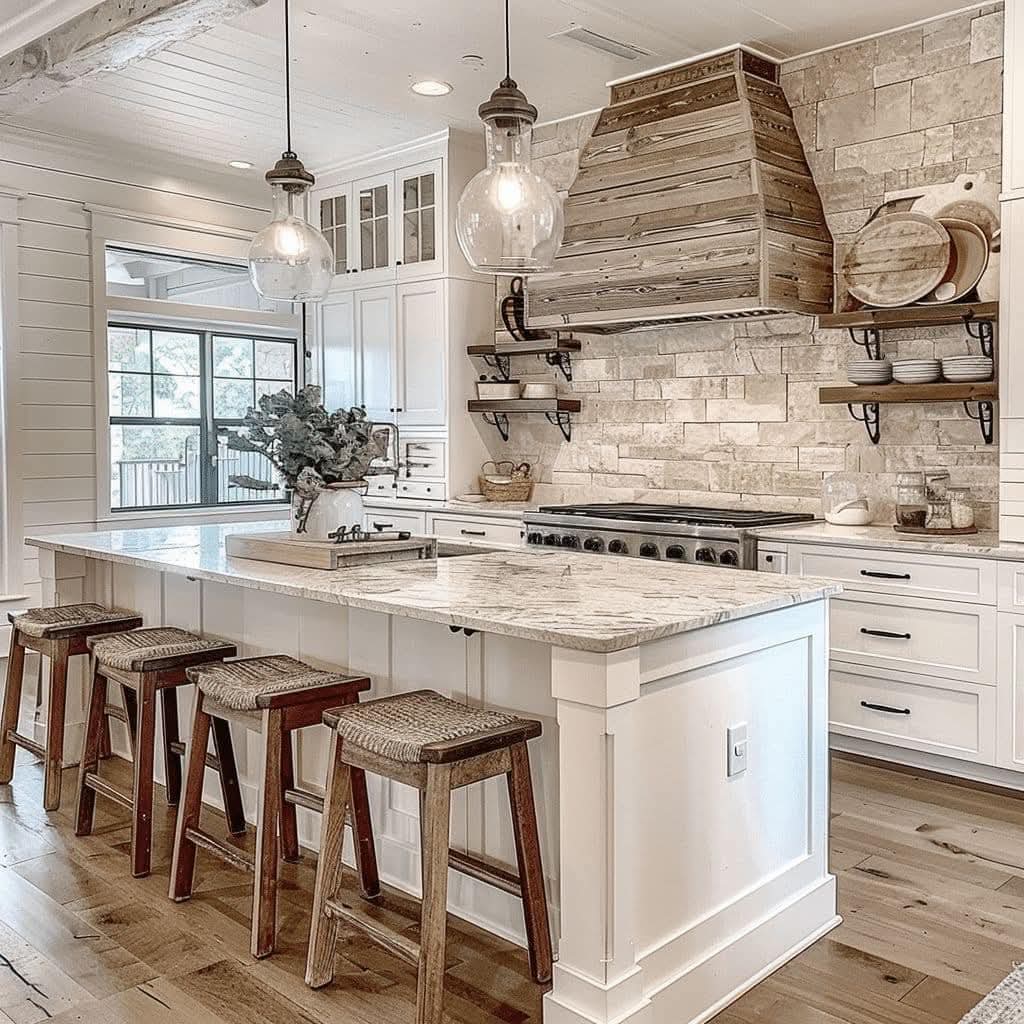 White farmhouse kitchen with marble island, wooden range hood, and bar stools