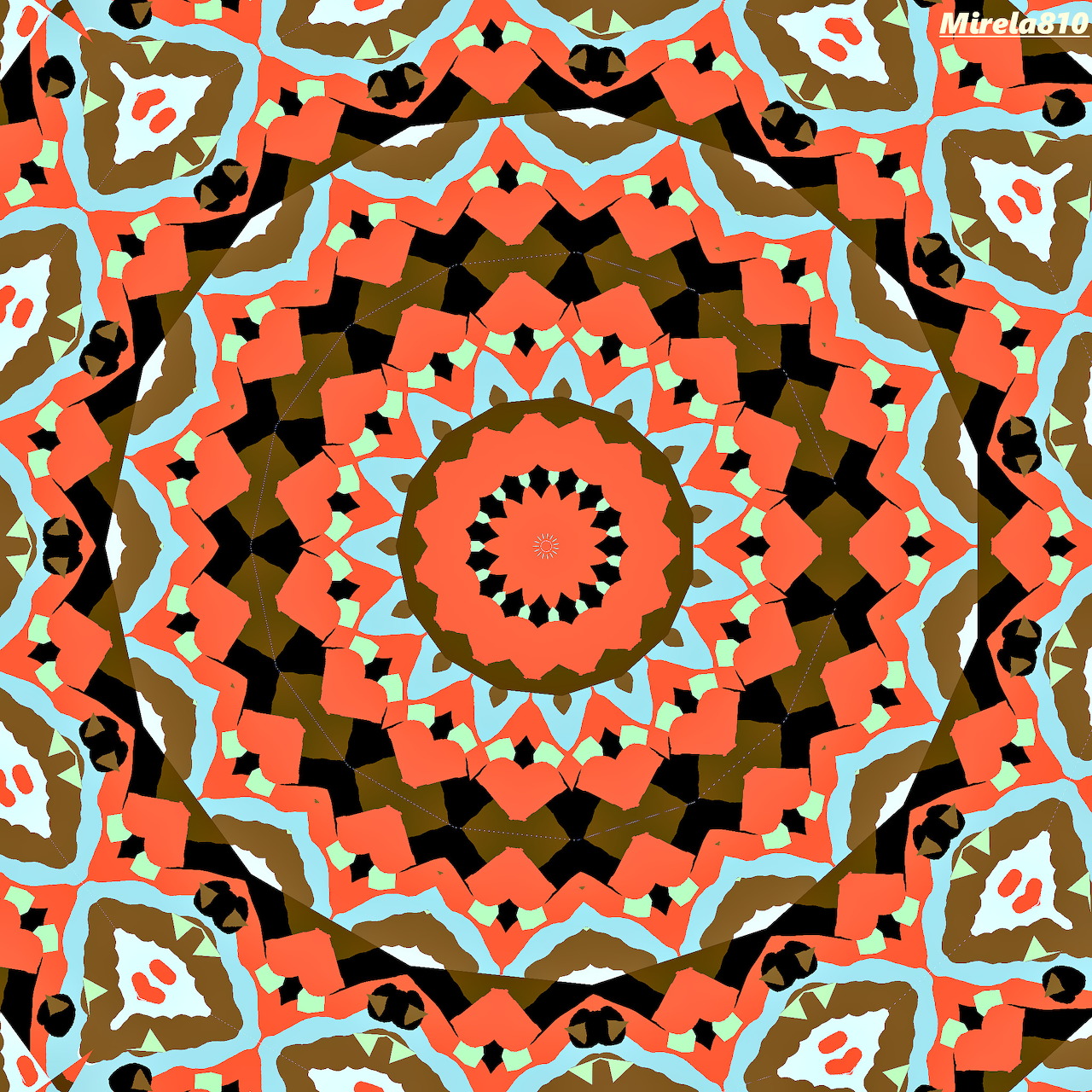 Circular mandala with coral and turquoise geometric patterns in radial symmetry