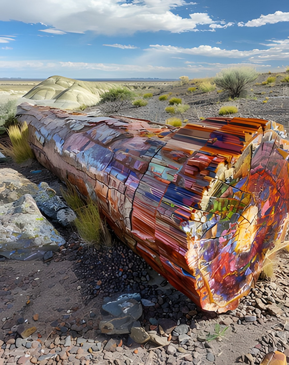 Colorful petrified wood log on rocky desert ground beneath a blue sky
