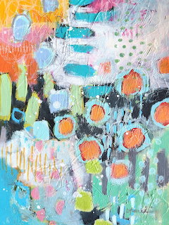 Abstract painting with pastel brushstrokes, orange dots, and layered textured shapes
