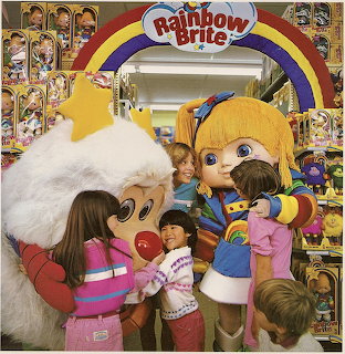 Rainbow Brite mascot character with children in vintage 1980s toy store catalogue photo