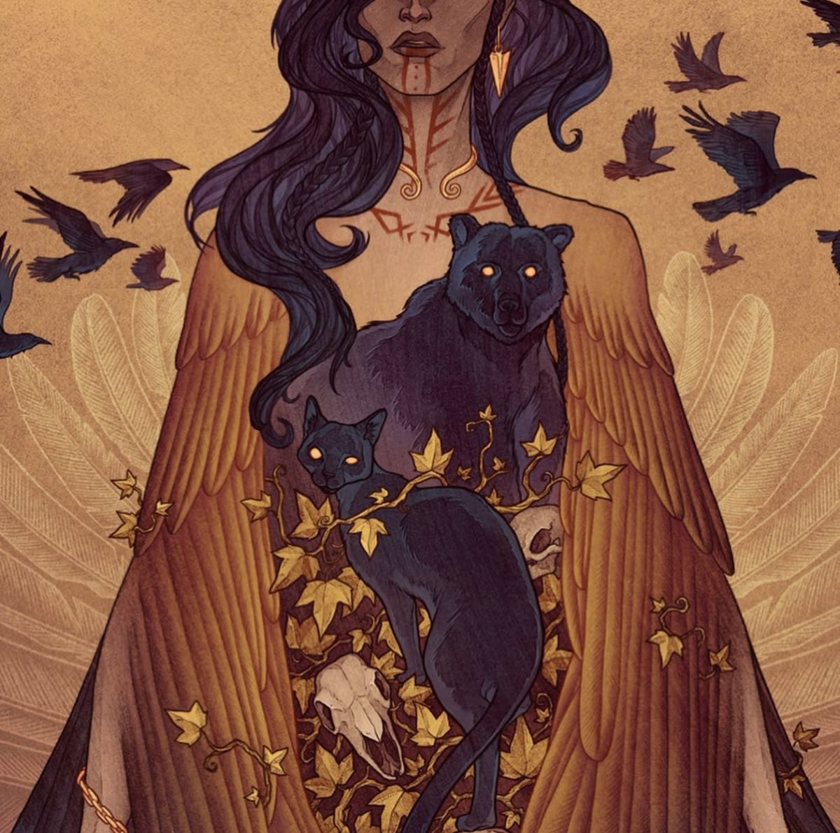 Woman with Black Cat and Birds