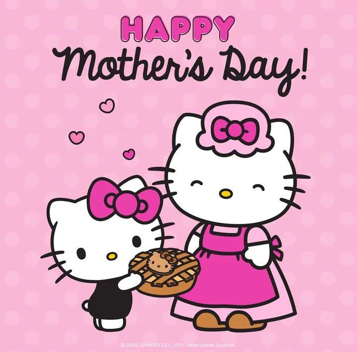 Hello Kity and her mom holding a pie with Happy Mother's Day text on pink polka dot background