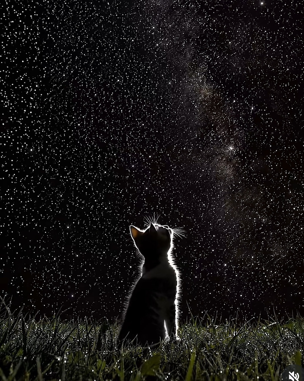 Black cat sitting in grass and looking up at a speckled night sky.