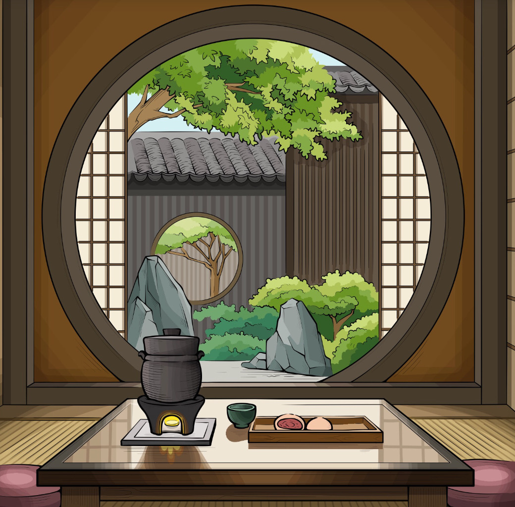 Illustration of a Japanese garden seen through a round window with a tea set on a low table
