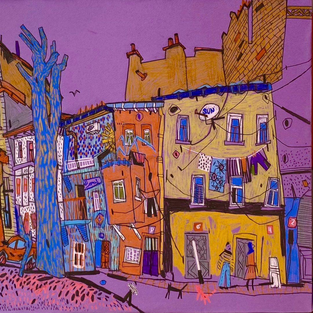Colorful illustrated row of crooked houses on a quiet street beneath a purple sky