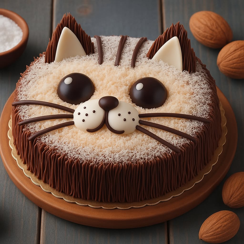 Cat face cake with chocolate ears, whiskers, and large eyes on a wooden board