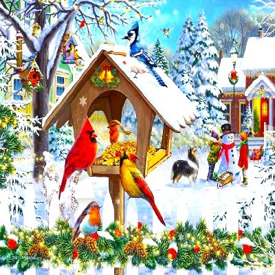Colorful birds at a snowy Christmas feeder with cottage, garland, and snowman
