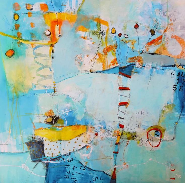 Abstract painting with turquoise, orange and yellow geometric shapes and mixed media elements