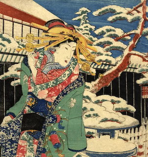 Japanese woodblock print of geisha in ornate kimono with umbrella in snow