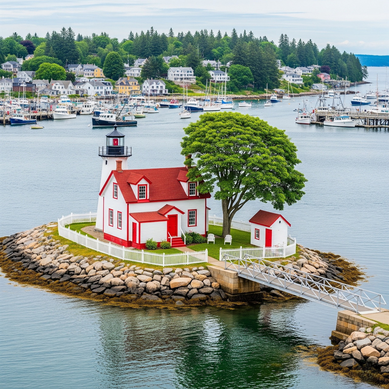 Red and white lighthouse on small rocky island in harbor with boats and tree