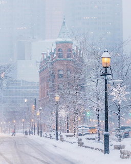 Red-brick Gooderham Building in Toronto surrounded by snow-covered trees and glowing street lamps during winter snowfall