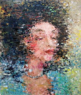 Impressionistic portrait painting of woman with dark hair wearing necklace in colorful textured brushstrokes