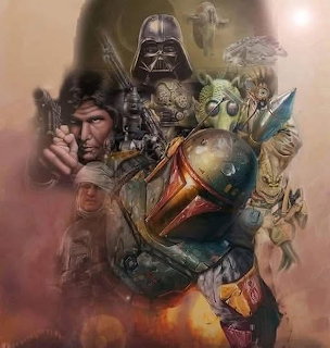 Painted Star Wars collage with Darth Vader, Boba Fett, and other characters in a smoky scene
