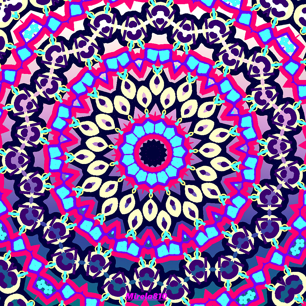 Colorful symmetrical mandala with pink, cyan, and navy blue geometric patterns around a central flower design